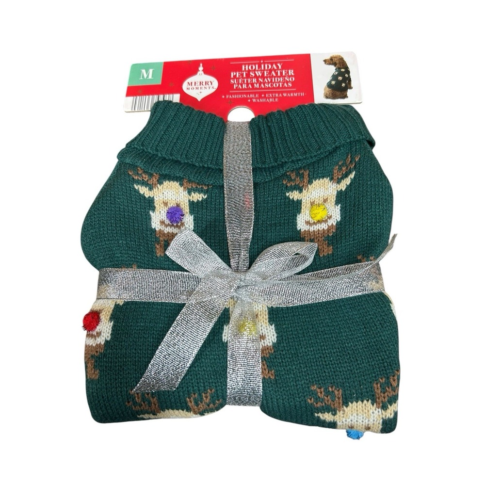 Merry Moments Holiday Christmas Pet Sweater Green Reindeer Bauble Noses Size M